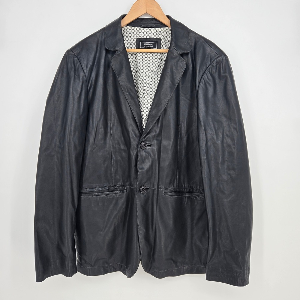 Missani Le Collezioni Real Lambskin Leather Black Blazer Jacket Mens XL Luxury
